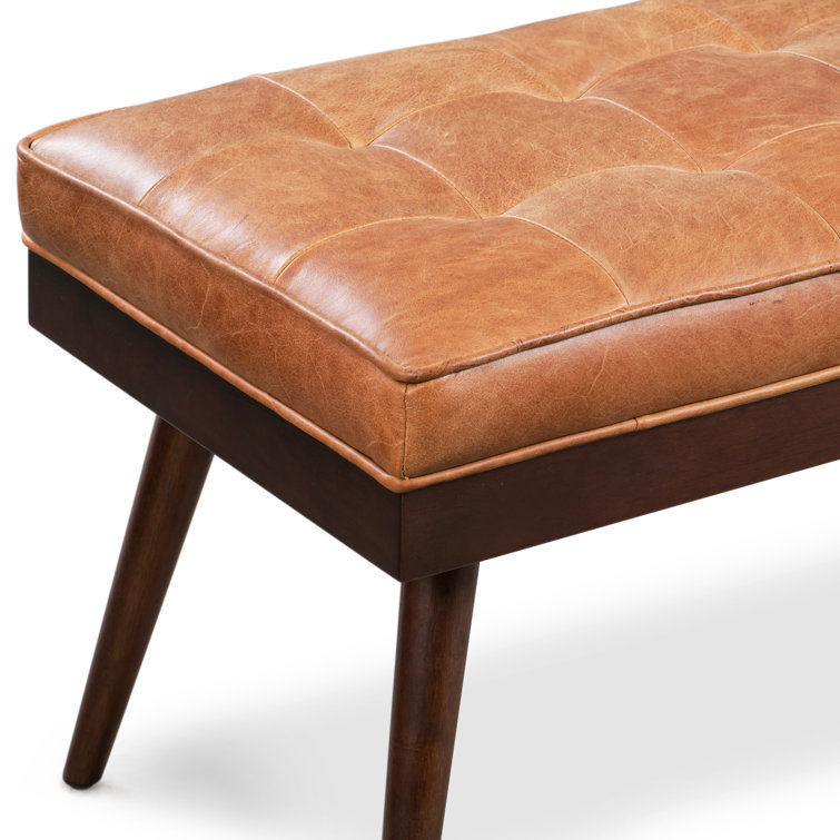 Luca 55" Cognac Tan Full-Grain Leather Bench with Mahogany Legs
