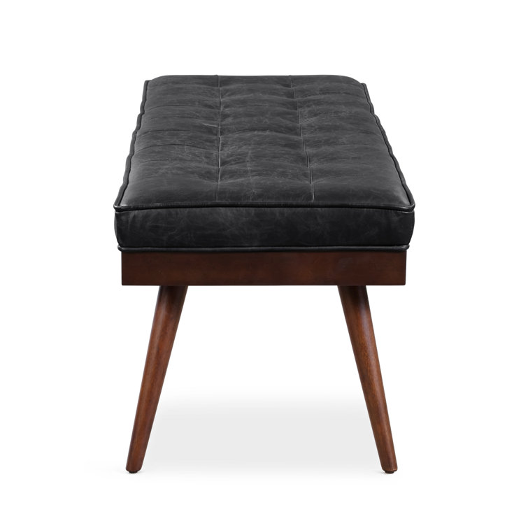 Luca Onyx Black Full-Grain Leather Bench with Mahogany Legs