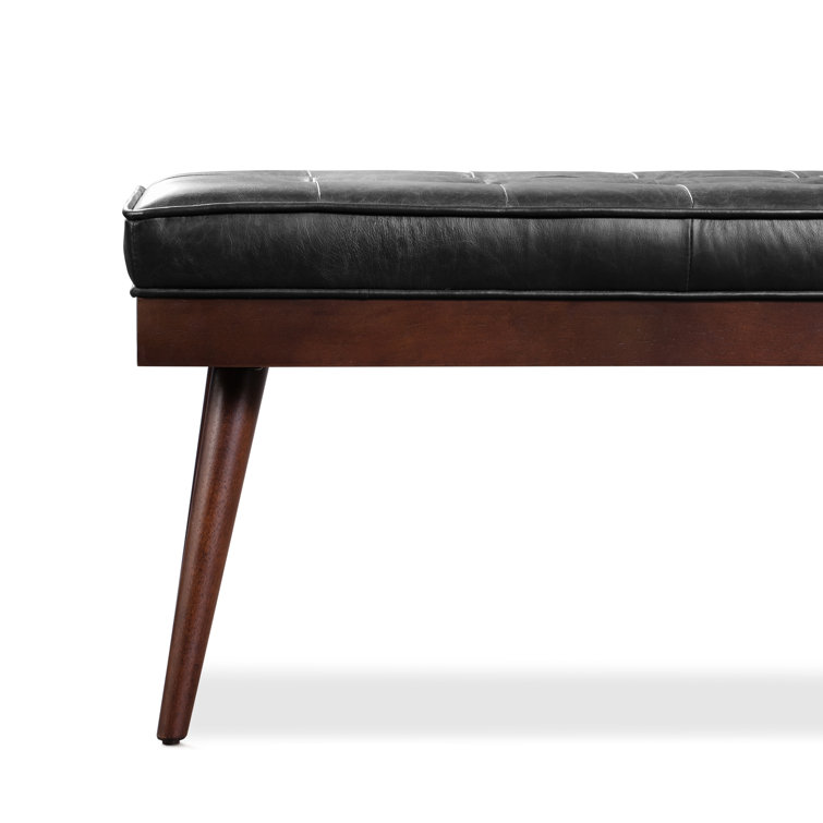 Luca Onyx Black Full-Grain Leather Bench with Mahogany Legs