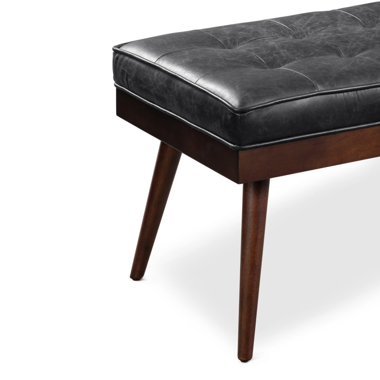 Luca Onyx Black Full-Grain Leather Bench with Mahogany Legs