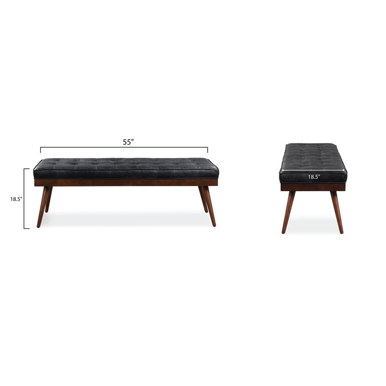 Luca Onyx Black Full-Grain Leather Bench with Mahogany Legs