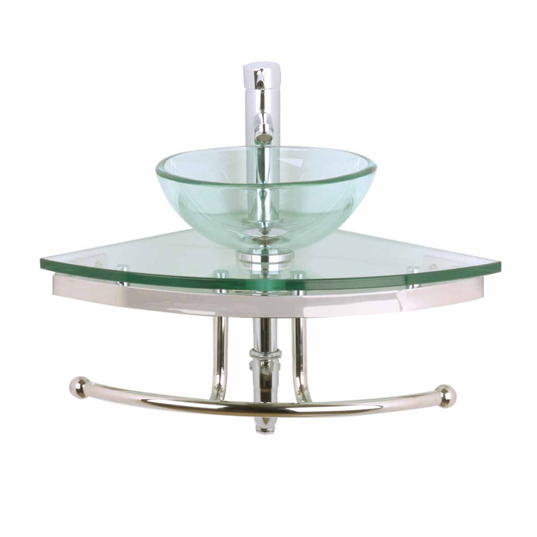 Round Corner Clear Tempered Glass Wall Mount Sink with Chrome Faucet