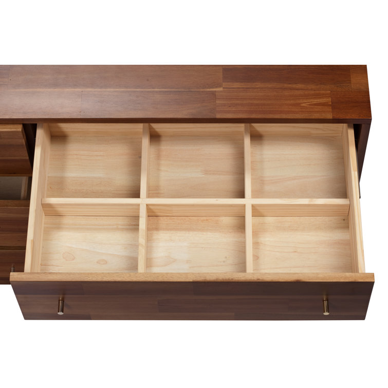 Dakota Mid-Century Solid Acacia Wood 6-Drawer Dresser with Gold Accents