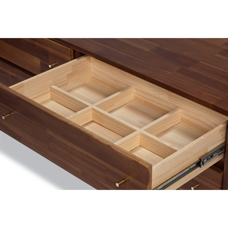 Dakota Mid-Century Solid Acacia Wood 6-Drawer Dresser with Gold Accents
