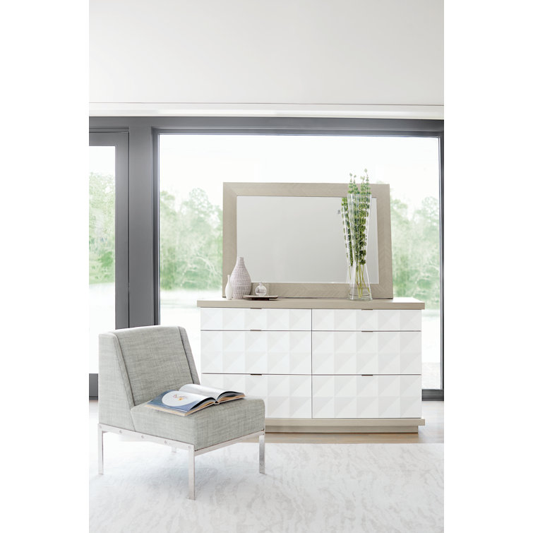 Transitional Axiom 6-Drawer Dresser in White and Gray with Artistic Flair