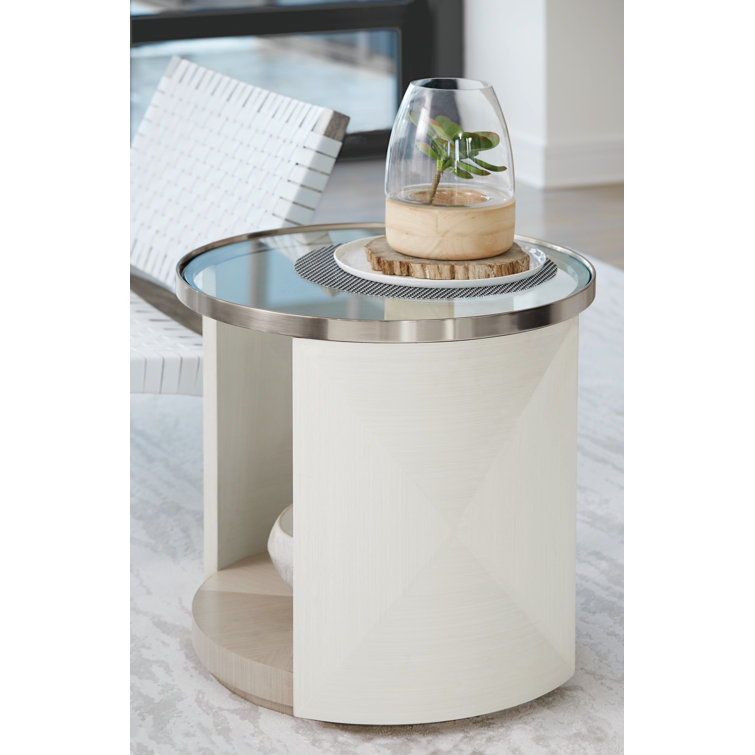 Transitional Gray and White Glass Top Metal Chairside Table