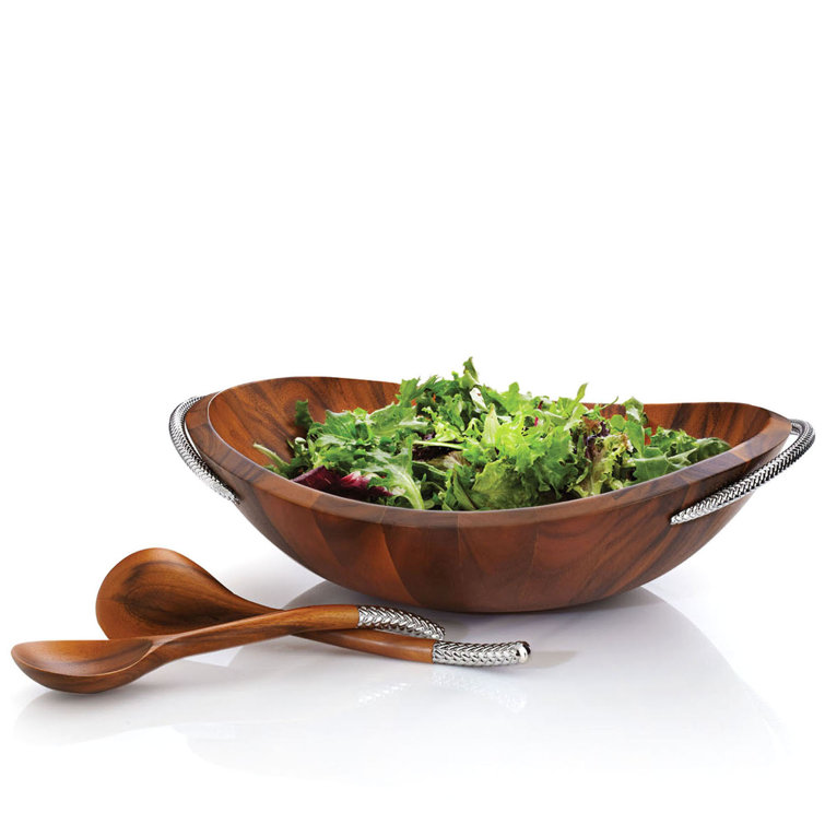 Acacia Wood and Chrome Braid Salad Bowl with Servers