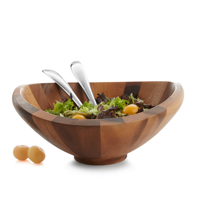 Acacia Wood and Alloy Crescent Salad Bowl with Servers