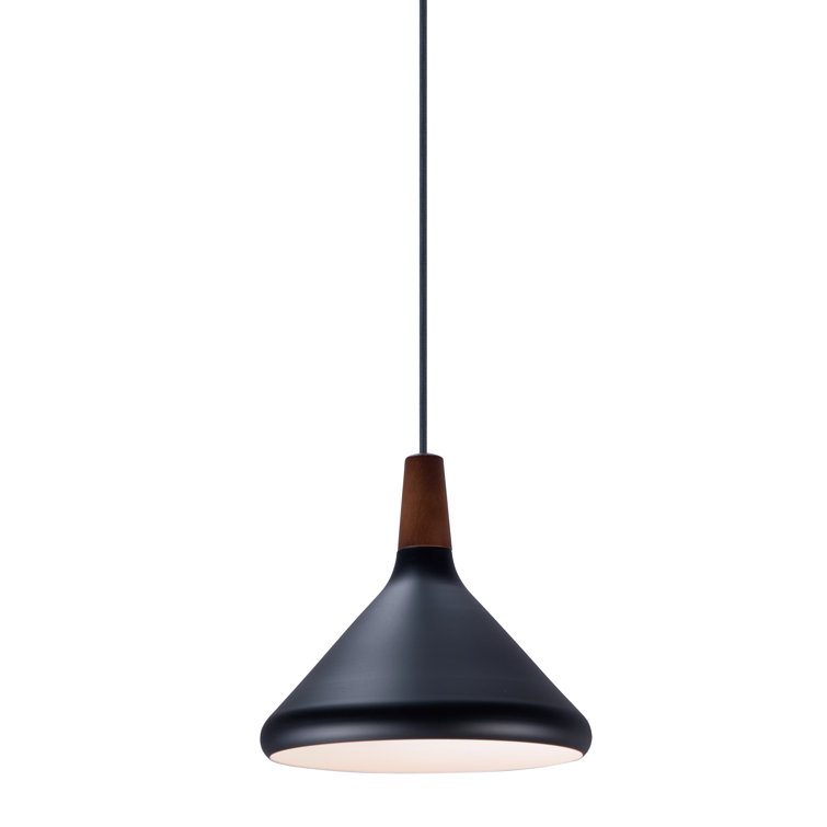 Walnut and Black Metal Cone Pendant Light with Adjustable Cord