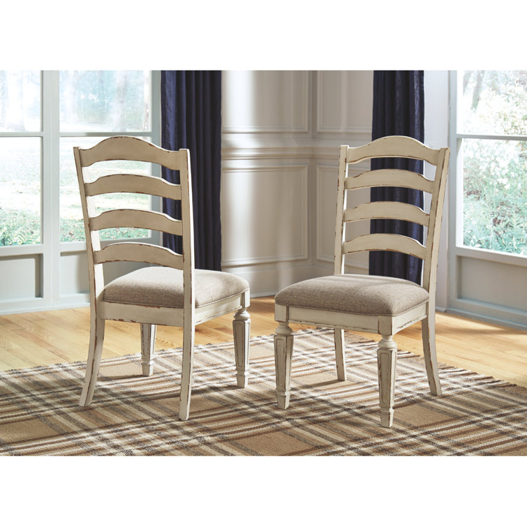 Rustic White Ladderback Upholstered Side Chair in Wood