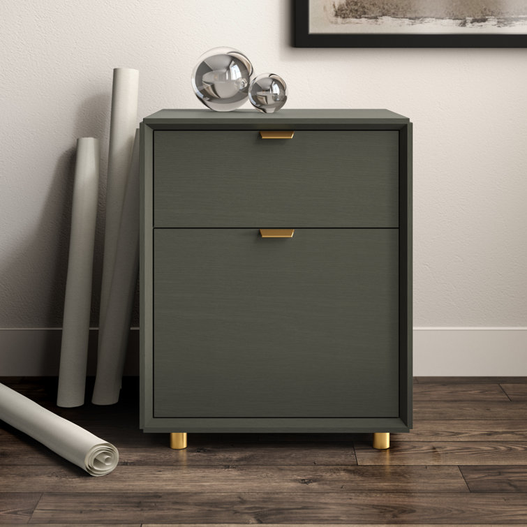 Navy Green Wood Pedestal Filing Cabinet with Brass Accents