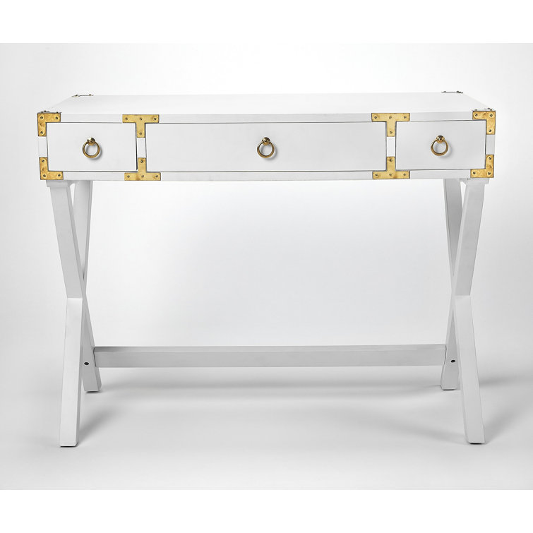 Aerilyn Glossy White Wood Writing Desk with Gold Accents