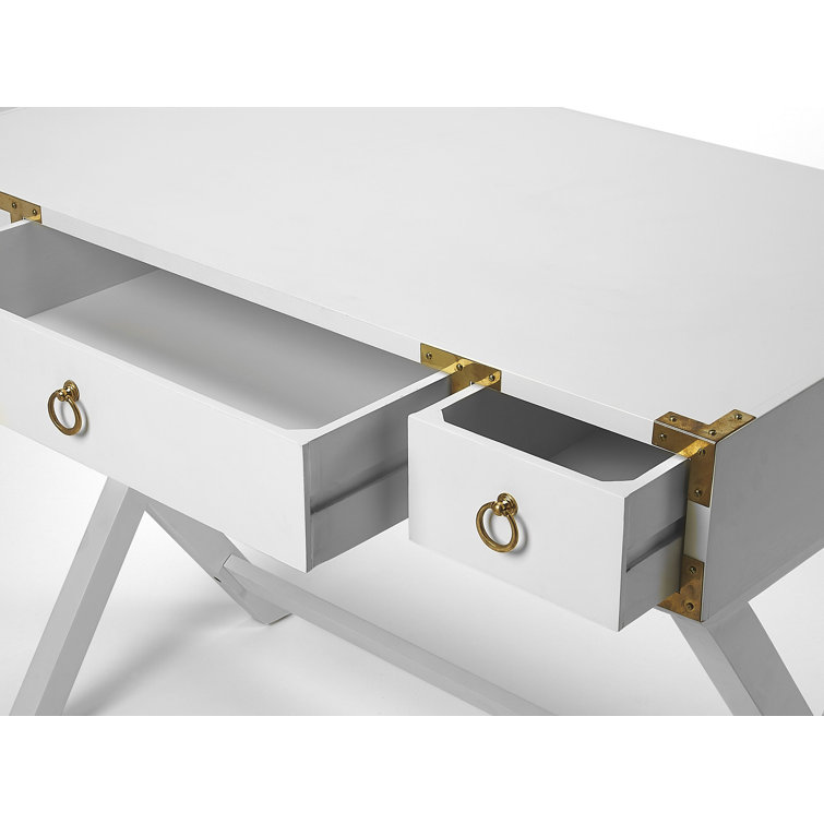 Aerilyn Glossy White Wood Writing Desk with Gold Accents