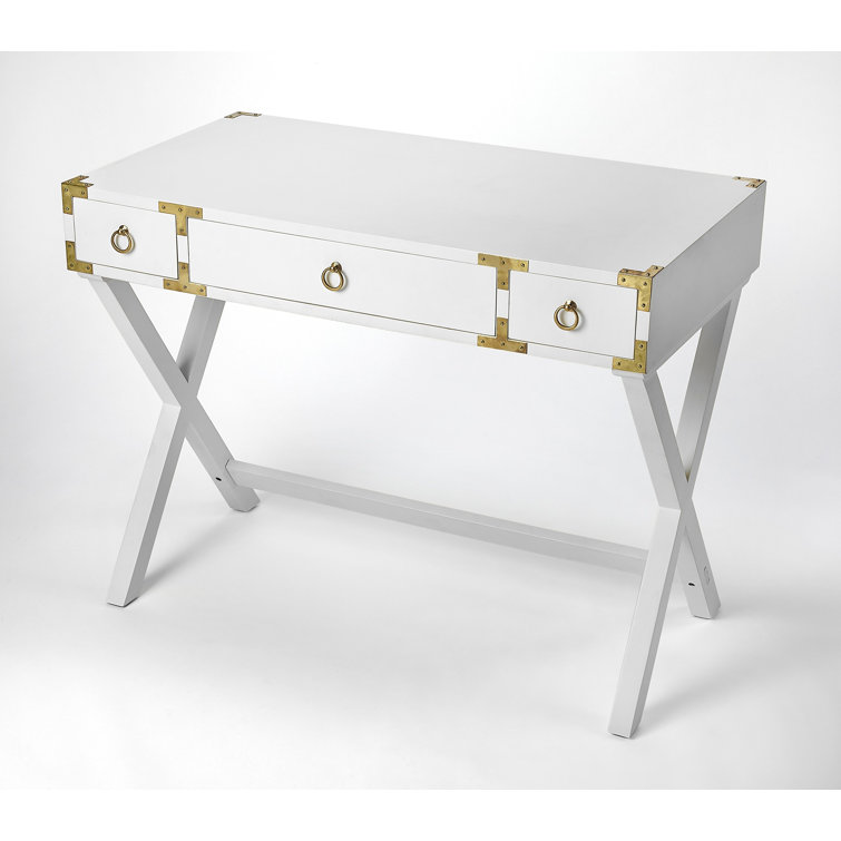 Aerilyn Glossy White Wood Writing Desk with Gold Accents