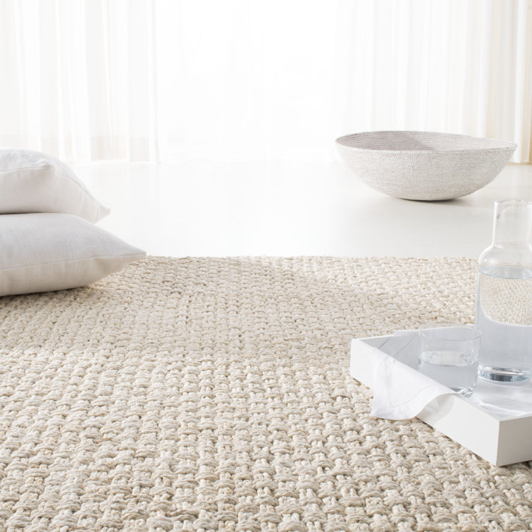 Cream Hand-Knotted Wool Basket Weave Area Rug 5' x 8'