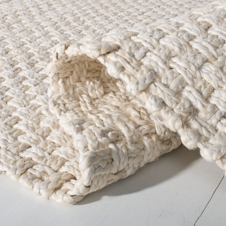 Cream Hand-Knotted Wool Basket Weave Runner Rug
