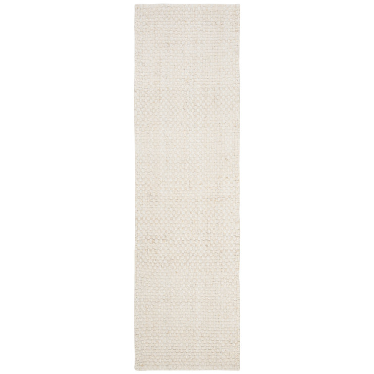 Cream Hand-Knotted Wool Basket Weave Runner Rug