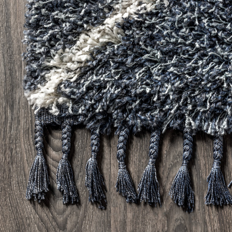 Denim Blue Geometric Shag Area Rug with Tassels