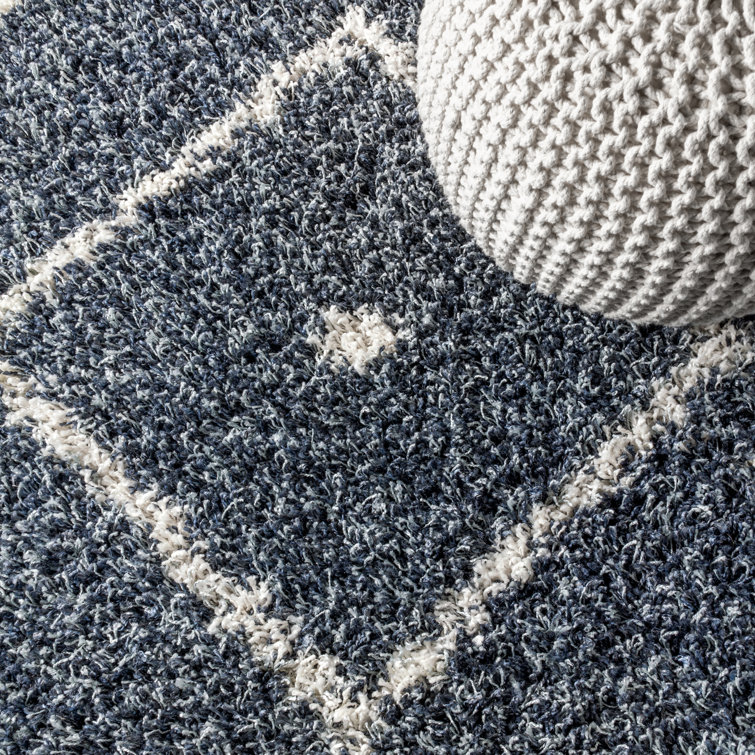 Denim Blue Geometric Shag Area Rug with Tassels