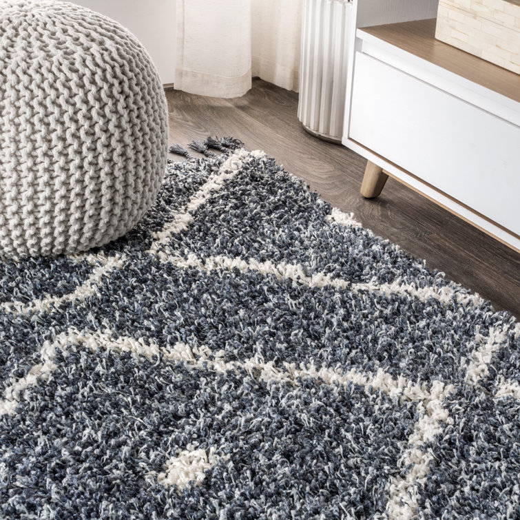 Denim Blue Geometric Shag Area Rug with Tassels