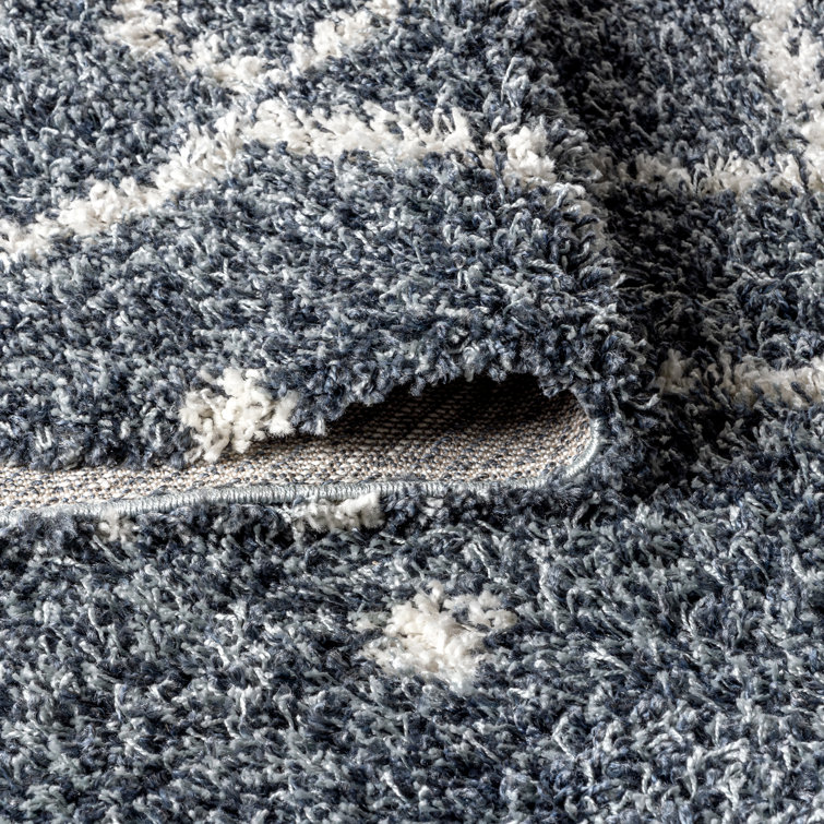 Denim Blue Geometric Shag Area Rug with Tassels
