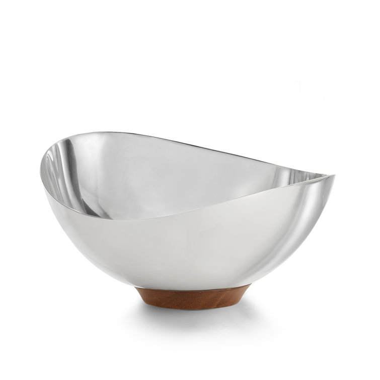 Polished Stainless Steel and Acacia Wood Crescent Nut Bowl