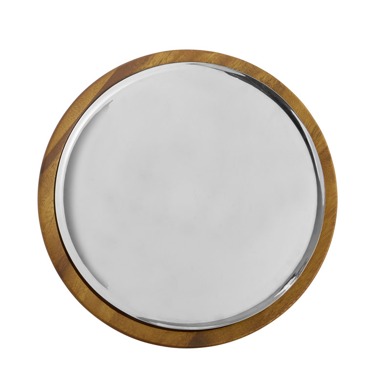 Elegant 14.75" Silver Stainless Steel & Acacia Wood Entertaining Tray