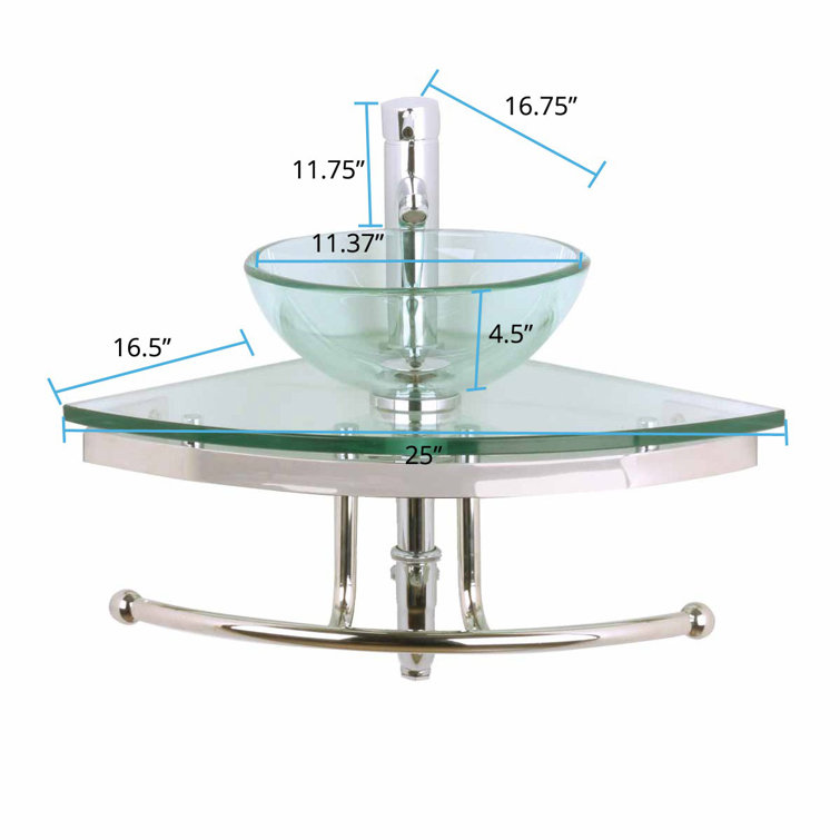 Round Corner Clear Tempered Glass Wall Mount Sink with Chrome Faucet