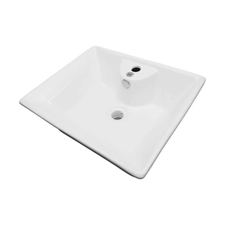 Gloss White Ceramic Square Vessel Bathroom Sink with Overflow