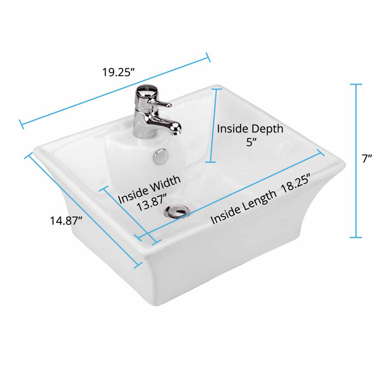 Gloss White Ceramic Square Vessel Bathroom Sink with Overflow