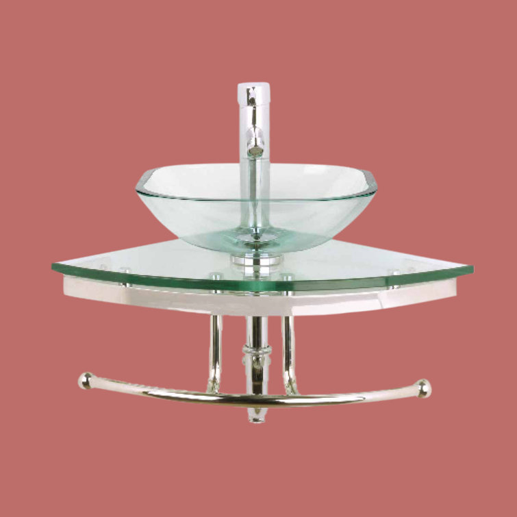 Talula Clear Tempered Glass Corner Bathroom Sink with Chrome Faucet