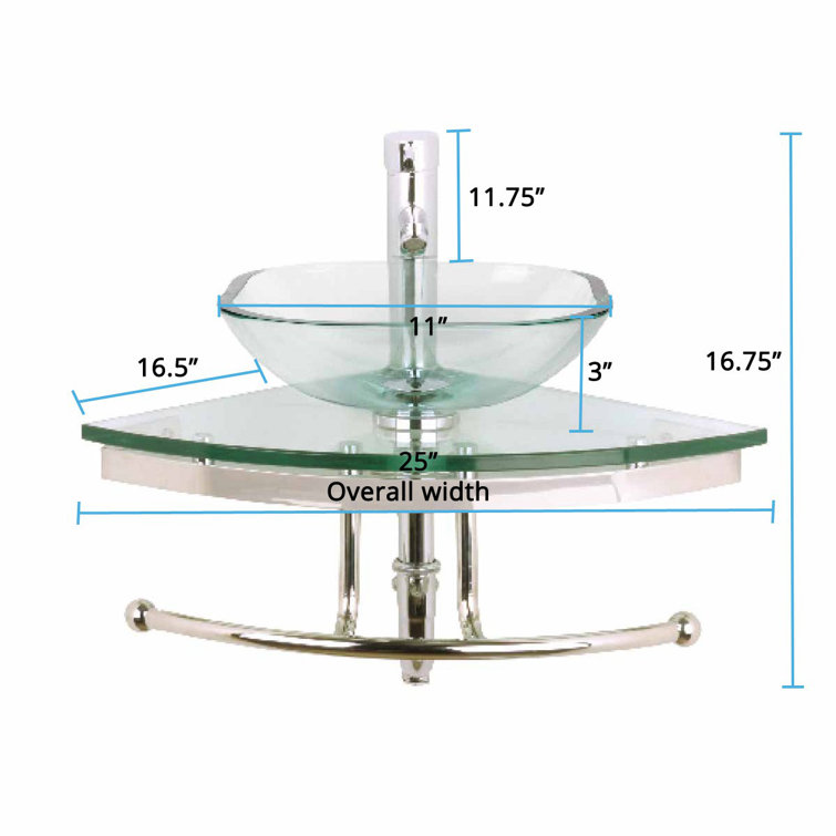 Talula Clear Tempered Glass Corner Bathroom Sink with Chrome Faucet