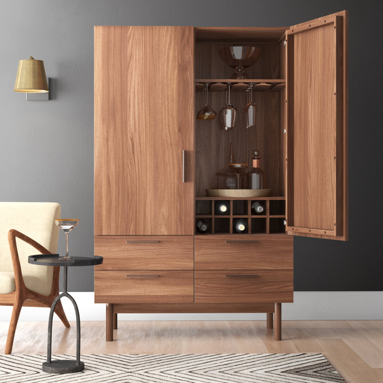 Smoke Solid Wood Bar Cabinet with Leather Pulls