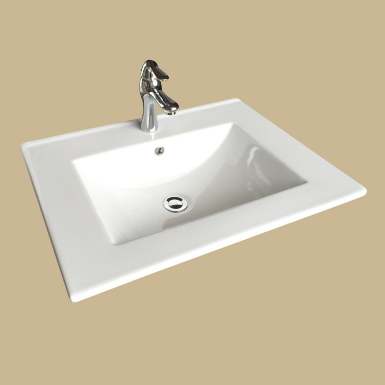 Gloss White Ceramic Rectangular Drop-In Bathroom Sink with Faucet