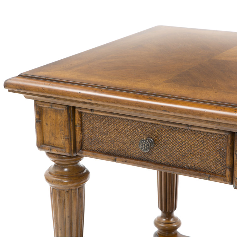 Traditional Brown Wood and Rattan Square End Table with Drawer