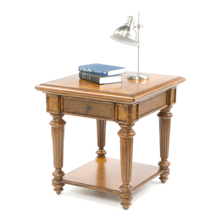 Traditional Brown Wood and Rattan Square End Table with Drawer