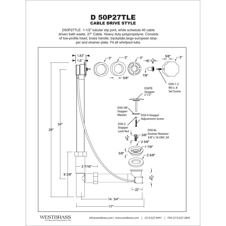 Matte Black 27" Cable Drive Bathtub Drain Trim with Poly Pipe Assembly