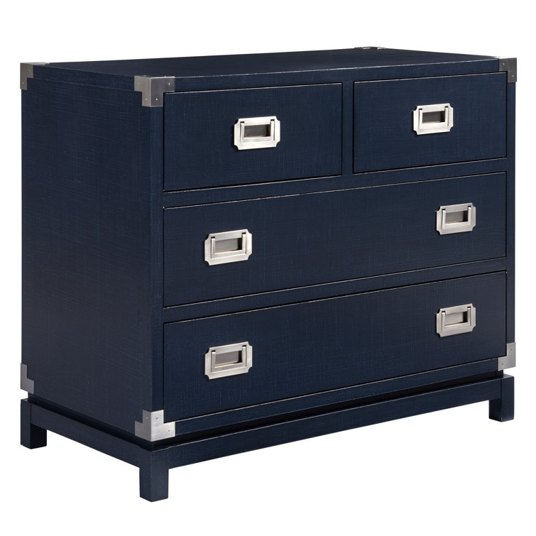 Navy Blue Coastal Wood Campaign Chest with Dovetail Drawers