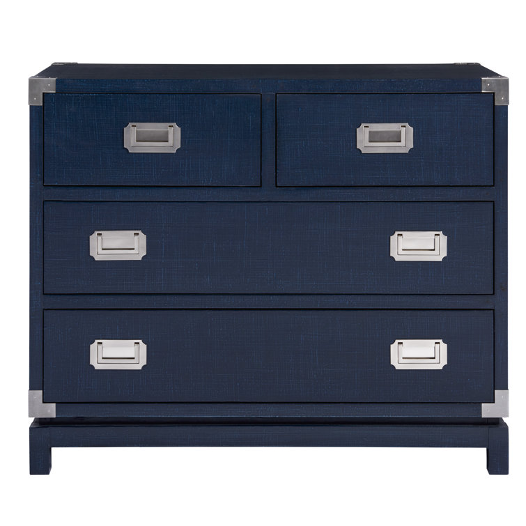 Navy Blue Coastal Wood Campaign Chest with Dovetail Drawers
