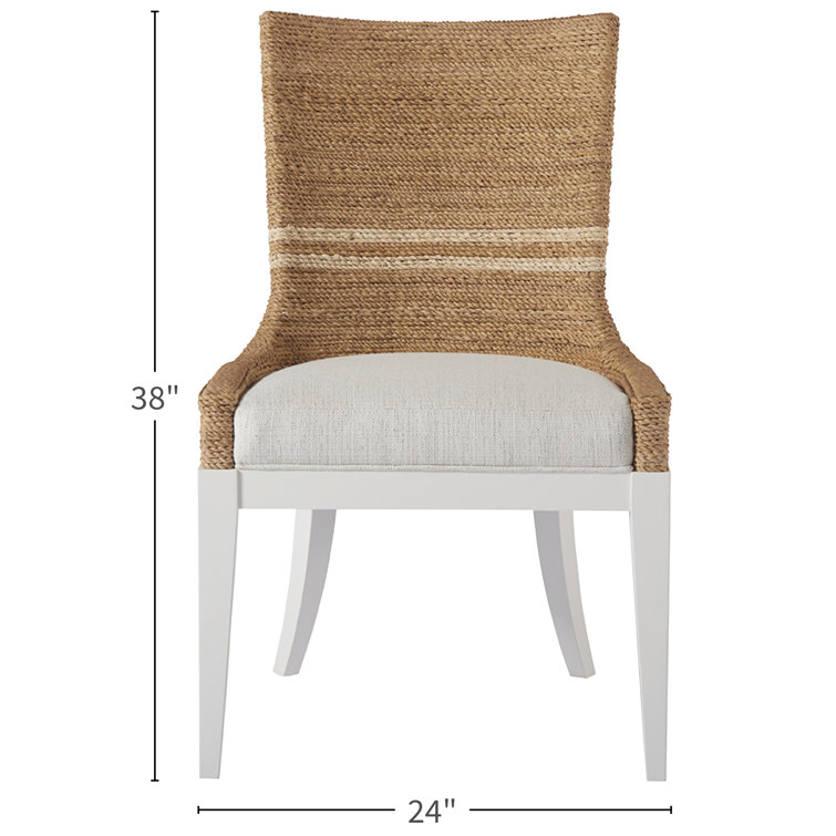 White Upholstered Side Chair with Rattan Back and Wood Legs