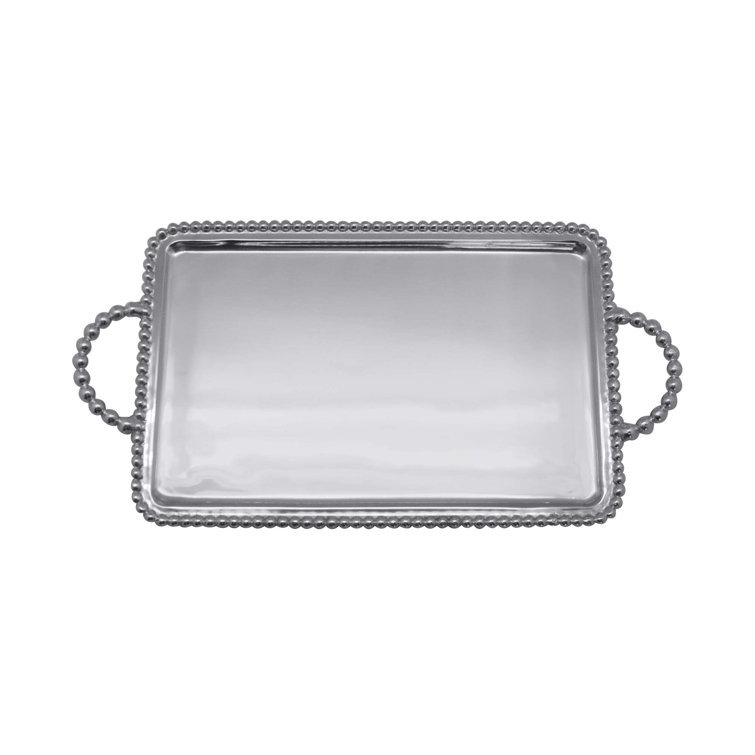 Silver Beaded Metal Serving Tray with Handles