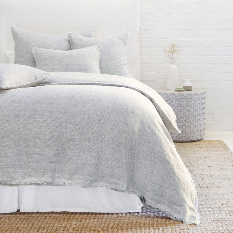 Logan Navy Stripe Linen Queen Duvet Cover with Frayed Edges