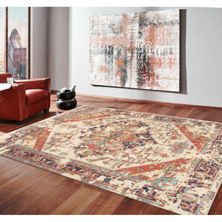 Hand-Knotted Ivory and Navy Wool Square Area Rug