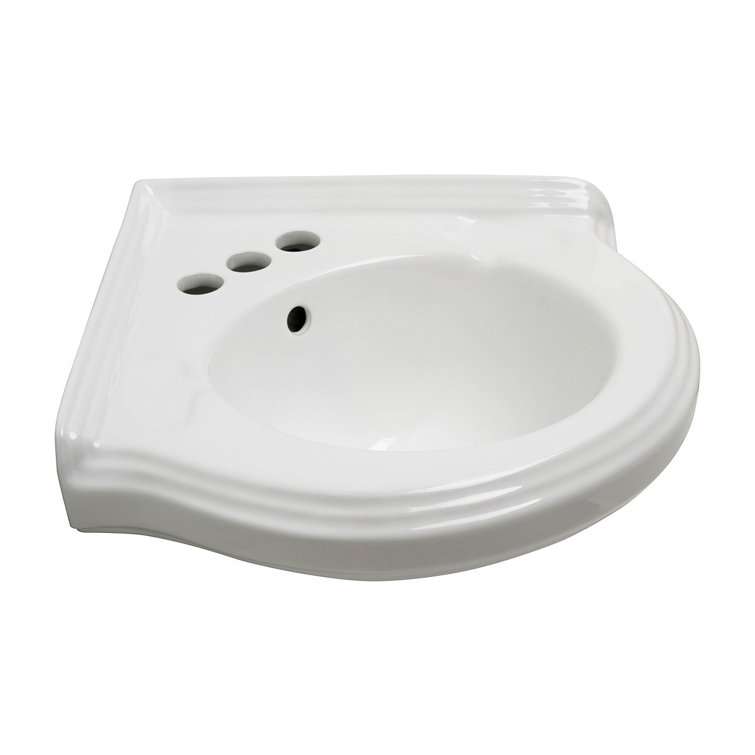 White Ceramic Corner Wall-Mount Vessel Sink with Overflow