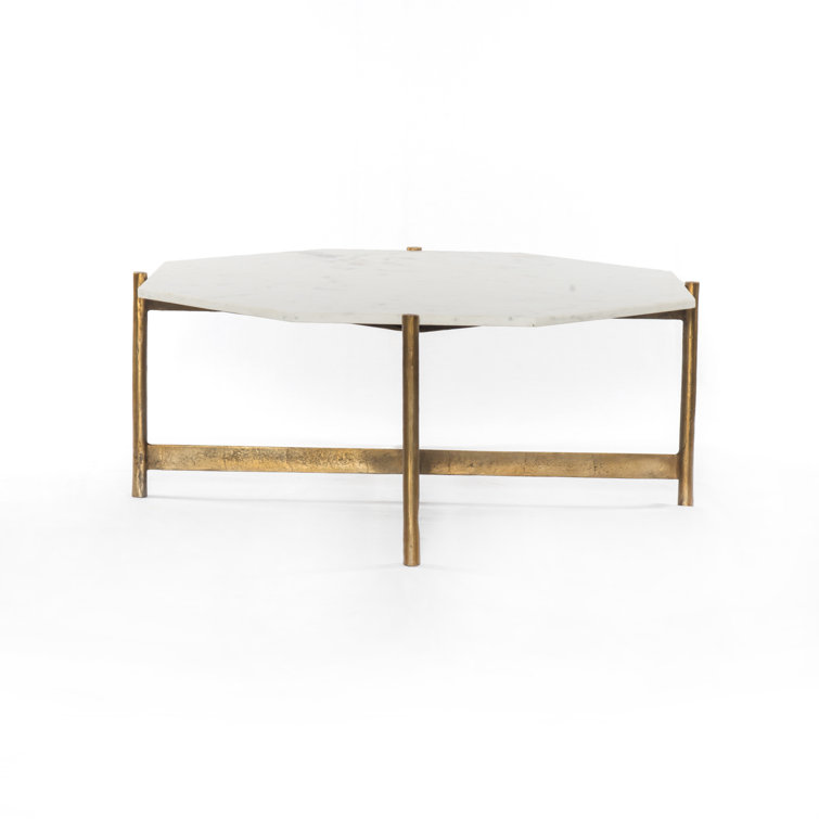 Elegant Octagonal Gold-White Marble & Metal Coffee Table