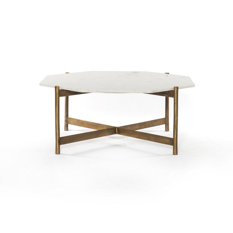 Elegant Octagonal Gold-White Marble & Metal Coffee Table