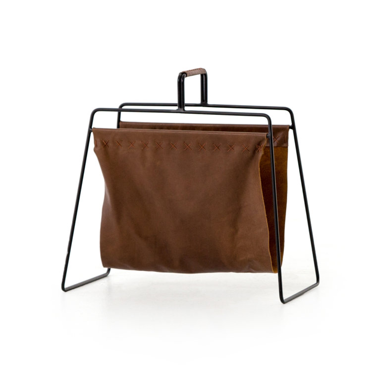 Brown Leather and Black Metal Magazine Rack with Handle