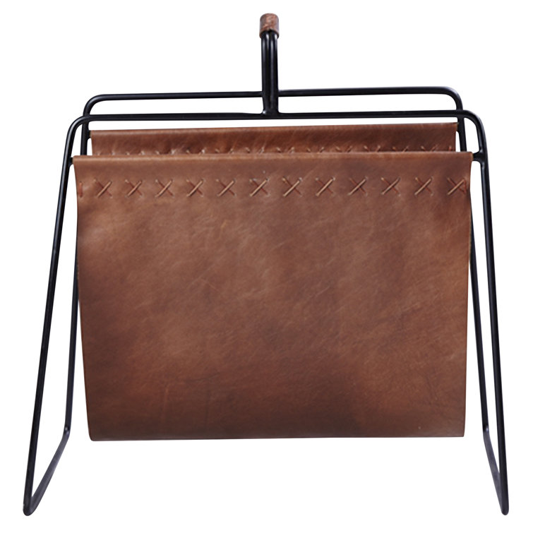 Brown Leather and Black Metal Magazine Rack with Handle