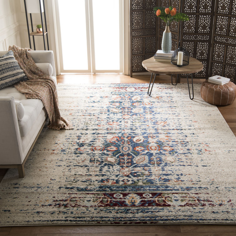 Ivory and Blue Synthetic Boho-Chic Area Rug