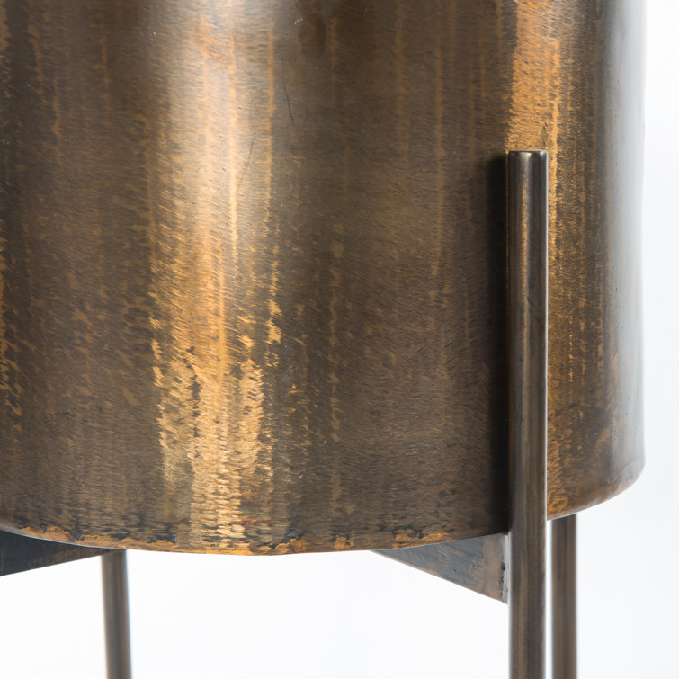 Weathered Brass Round Metal Planter with Stand